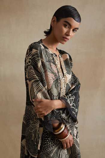 One Not Two_Cream Silk, Cotton Split V-neck, Yes Printed Kurta And Pant Set _Online_at_Aza_Fashions