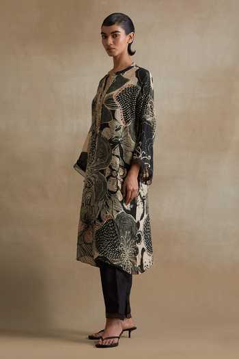 Buy_One Not Two_Cream Silk, Cotton Split V-neck, Yes Printed Kurta And Pant Set _Online_at_Aza_Fashions