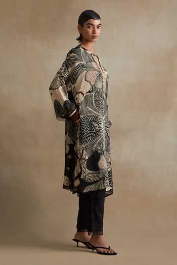 Shop_One Not Two_Cream Silk, Cotton Split V-neck, Yes Printed Kurta And Pant Set _Online_at_Aza_Fashions