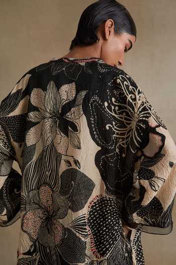 One Not Two_Cream Silk, Cotton Split V-neck, Yes Printed Kurta And Pant Set _at_Aza_Fashions