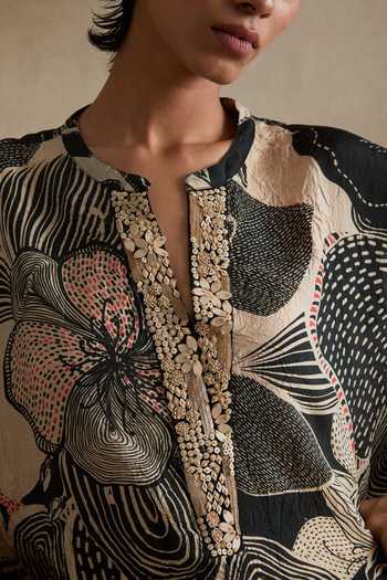 Buy_One Not Two_Cream Silk, Cotton Split V-neck, Yes Printed Kurta And Pant Set 