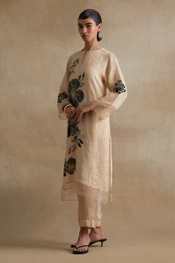 Buy_One Not Two_Cream Silk, Cotton Round Neck, Yes Printed Kurta And Pant Set _Online_at_Aza_Fashions
