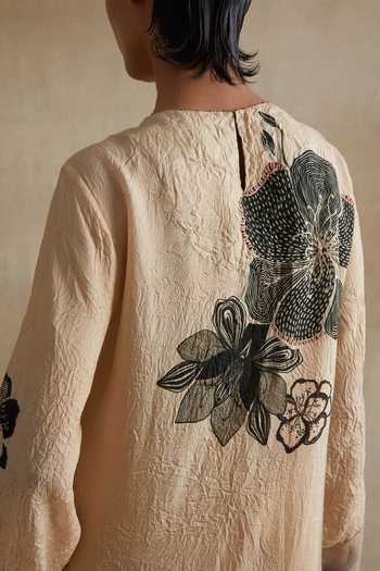 Shop_One Not Two_Cream Silk, Cotton Round Neck, Yes Printed Kurta And Pant Set _Online_at_Aza_Fashions