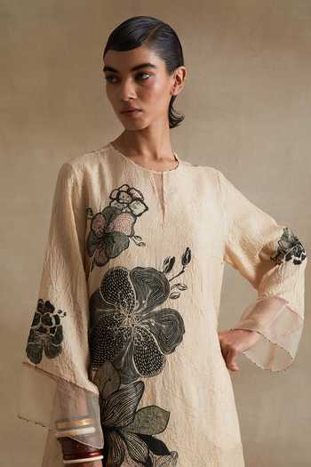 One Not Two_Cream Silk, Cotton Round Neck, Yes Printed Kurta And Pant Set _at_Aza_Fashions