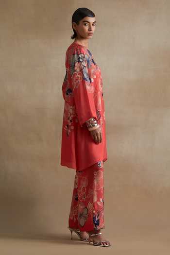 Buy_One Not Two_Red Silk, Cotton Round Neck, Yes Printed Kurta And Pant Set _Online_at_Aza_Fashions