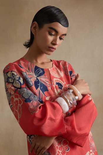 Shop_One Not Two_Red Silk, Cotton Round Neck, Yes Printed Kurta And Pant Set _Online_at_Aza_Fashions