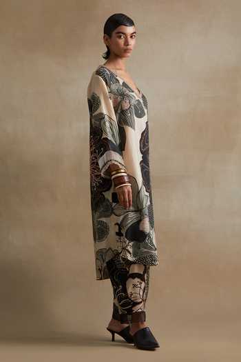 One Not Two_Beige Silk, Cotton V-neck Printed Kurta And Pant Set _Online_at_Aza_Fashions