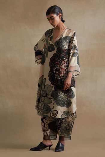 Buy_One Not Two_Beige Silk, Cotton V-neck Printed Kurta And Pant Set _Online_at_Aza_Fashions