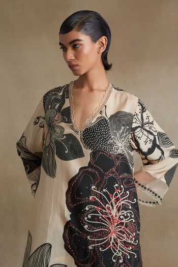 Shop_One Not Two_Beige Silk, Cotton V-neck Printed Kurta And Pant Set _Online_at_Aza_Fashions