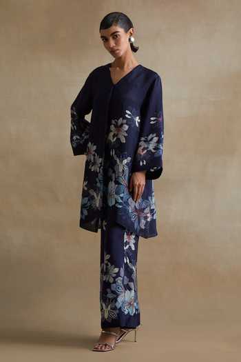 One Not Two_Blue Silk, Cotton V-neck, Yes Printed Kurta And Pant Set _Online_at_Aza_Fashions
