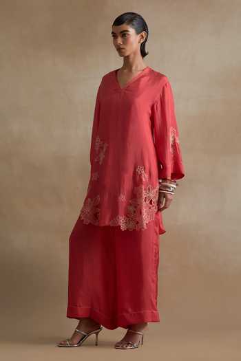 One Not Two_Red Silk, Cotton V-neck, Yes Kurta And Pant Set _Online_at_Aza_Fashions