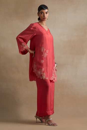 Buy_One Not Two_Red Silk, Cotton V-neck, Yes Kurta And Pant Set _Online_at_Aza_Fashions