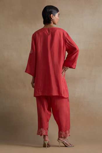 Shop_One Not Two_Red Silk, Cotton V-neck, Yes Kurta And Pant Set _Online_at_Aza_Fashions