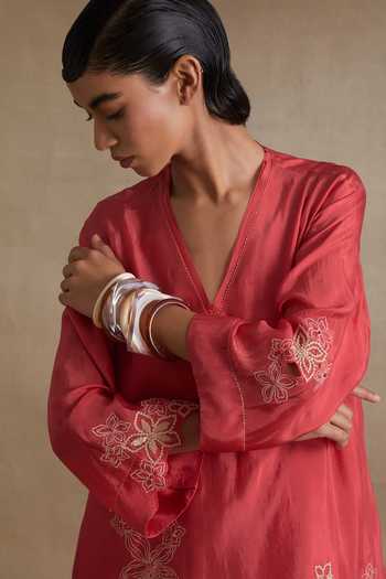One Not Two_Red Silk, Cotton V-neck, Yes Kurta And Pant Set _at_Aza_Fashions
