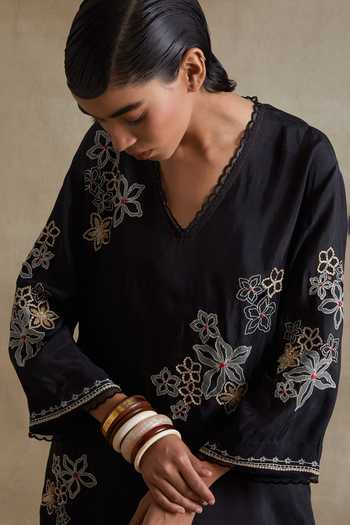 One Not Two_Black Silk, Cotton V-neck Embroidered Kurta And Pant Set _Online_at_Aza_Fashions