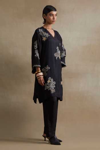 Buy_One Not Two_Black Silk, Cotton V-neck Embroidered Kurta And Pant Set _Online_at_Aza_Fashions