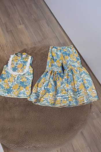 Pankhuri By Priyanka_Blue Cotton Printed Kurta Sharara Set _Online_at_Aza_Fashions