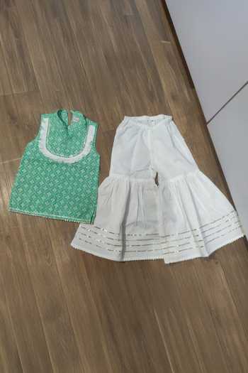 Pankhuri By Priyanka_Green Cotton Block Print Kurta Sharara Set _Online_at_Aza_Fashions