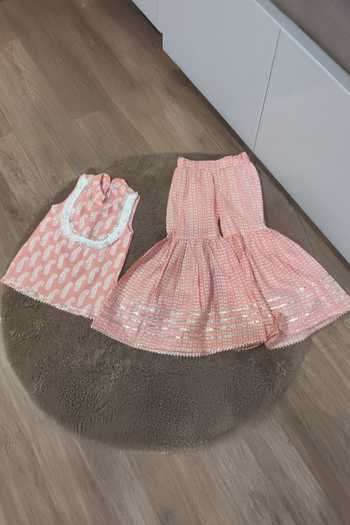 Pankhuri By Priyanka_Peach Cotton Ambi Print Kurta Sharara Set _Online_at_Aza_Fashions
