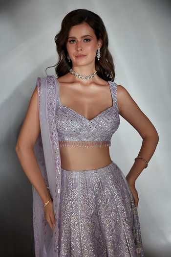 Buy_Saaj By Ankita_Purple Tulle Sweetheart Neck Gota Patti Work Lehenga Set _Online_at_Aza_Fashions