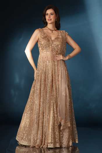 Saaj By Ankita Gold Tulle V-neck Embroidered Jacket Lehenga Set Online at Aza Fashions Saaj By Ankita_Gold Tulle V-neck Embroidered Jacket Lehenga Set _Online_at_Aza_Fashions