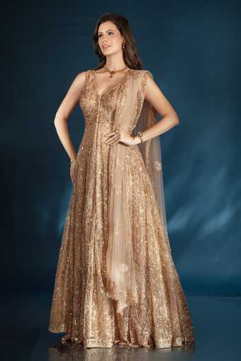 Buy Saaj By Ankita Gold Tulle V-neck Embroidered Jacket Lehenga Set Online at Aza Fashions Buy_Saaj By Ankita_Gold Tulle V-neck Embroidered Jacket Lehenga Set _Online_at_Aza_Fashions