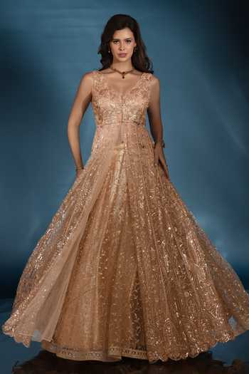 Shop Saaj By Ankita Gold Tulle V-neck Embroidered Jacket Lehenga Set Online at Aza Fashions Shop_Saaj By Ankita_Gold Tulle V-neck Embroidered Jacket Lehenga Set _Online_at_Aza_Fashions