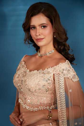 Saaj By Ankita_Peach Tulle Off-shoulder Embroidered Blouse And Lehenga Set _Online_at_Aza_Fashions