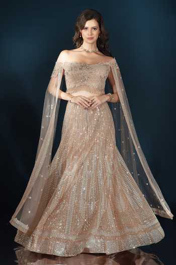Buy_Saaj By Ankita_Peach Tulle Off-shoulder Embroidered Blouse And Lehenga Set _Online_at_Aza_Fashions