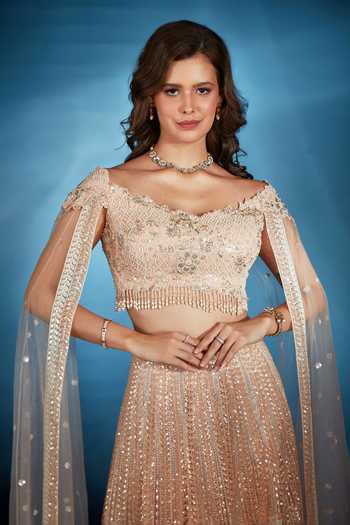 Shop_Saaj By Ankita_Peach Tulle Off-shoulder Embroidered Blouse And Lehenga Set _Online_at_Aza_Fashions