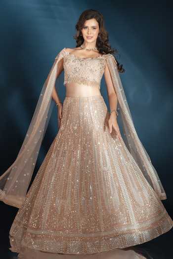 Saaj By Ankita_Peach Tulle Off-shoulder Embroidered Blouse And Lehenga Set _at_Aza_Fashions