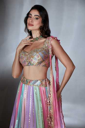 Saaj By Ankita_Multi Color Georgette Sweetheart Neck Embellished Lehenga Set _Online_at_Aza_Fashions