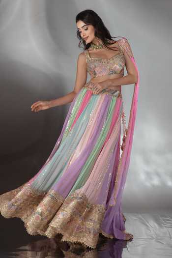 Buy_Saaj By Ankita_Multi Color Georgette Sweetheart Neck Embellished Lehenga Set _Online_at_Aza_Fashions