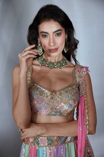 Shop_Saaj By Ankita_Multi Color Georgette Sweetheart Neck Embellished Lehenga Set _Online_at_Aza_Fashions