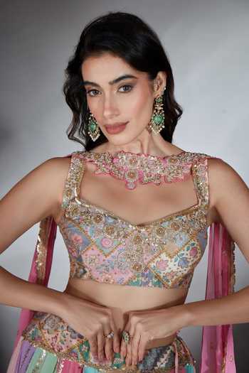 Buy_Saaj By Ankita_Multi Color Georgette Sweetheart Neck Embellished Lehenga Set 