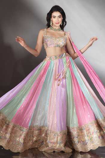 Shop_Saaj By Ankita_Multi Color Georgette Sweetheart Neck Embellished Lehenga Set 