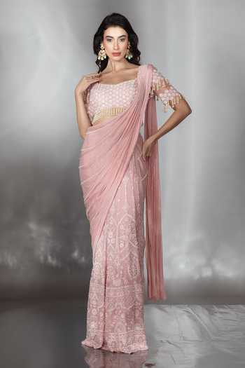 Saaj By Ankita_Pink Georgette Scoop Neck Hand Embroidered Pre-draped Saree With Blouse _Online_at_Aza_Fashions
