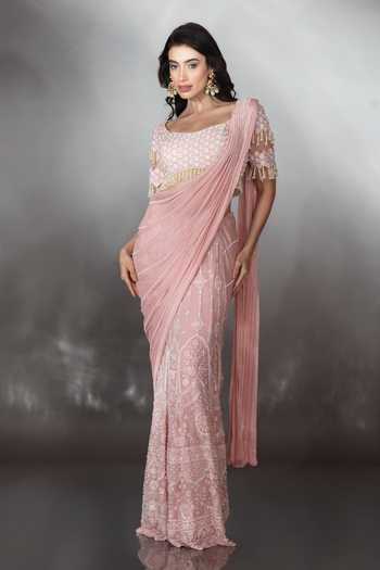 Buy_Saaj By Ankita_Pink Georgette Scoop Neck Hand Embroidered Pre-draped Saree With Blouse _Online_at_Aza_Fashions