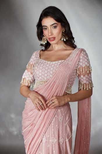 Shop_Saaj By Ankita_Pink Georgette Scoop Neck Hand Embroidered Pre-draped Saree With Blouse _Online_at_Aza_Fashions