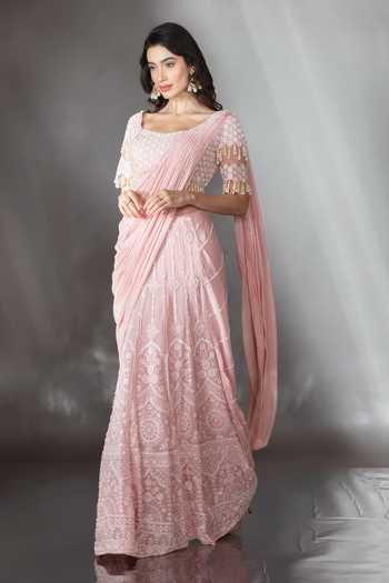 Saaj By Ankita_Pink Georgette Scoop Neck Hand Embroidered Pre-draped Saree With Blouse _at_Aza_Fashions