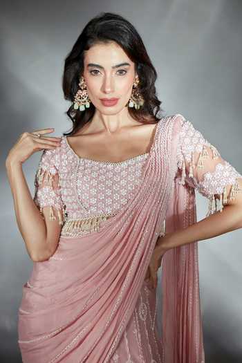 Buy_Saaj By Ankita_Pink Georgette Scoop Neck Hand Embroidered Pre-draped Saree With Blouse 