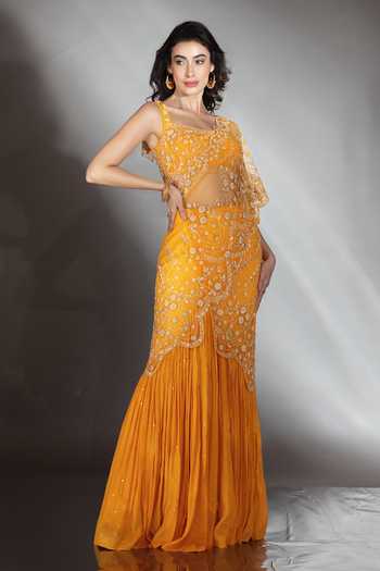 Saaj By Ankita_Yellow Tulle Square Neck Embroidered Pre-draped Saree With Blouse _Online_at_Aza_Fashions