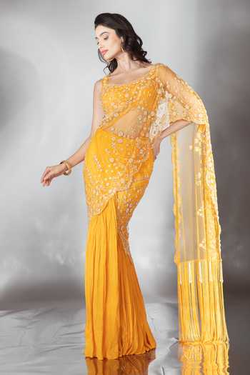 Buy_Saaj By Ankita_Yellow Tulle Square Neck Embroidered Pre-draped Saree With Blouse _Online_at_Aza_Fashions