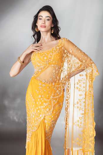Shop_Saaj By Ankita_Yellow Tulle Square Neck Embroidered Pre-draped Saree With Blouse _Online_at_Aza_Fashions