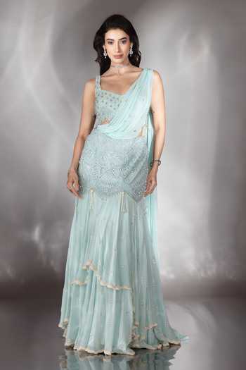 Saaj By Ankita_Sky Blue Georgette Sweetheart Neck Embroidered Lehenga Saree With Blouse _Online_at_Aza_Fashions