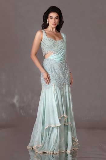 Buy_Saaj By Ankita_Sky Blue Georgette Sweetheart Neck Embroidered Lehenga Saree With Blouse _Online_at_Aza_Fashions