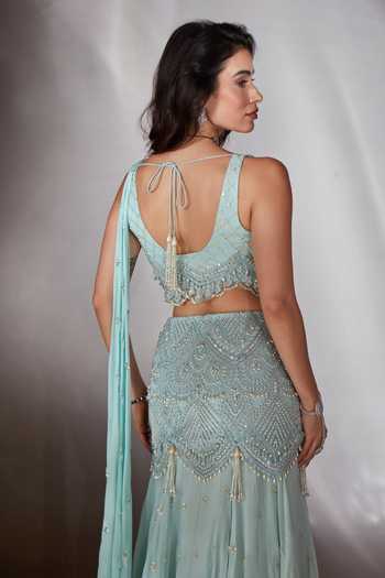 Shop_Saaj By Ankita_Sky Blue Georgette Sweetheart Neck Embroidered Lehenga Saree With Blouse _Online_at_Aza_Fashions