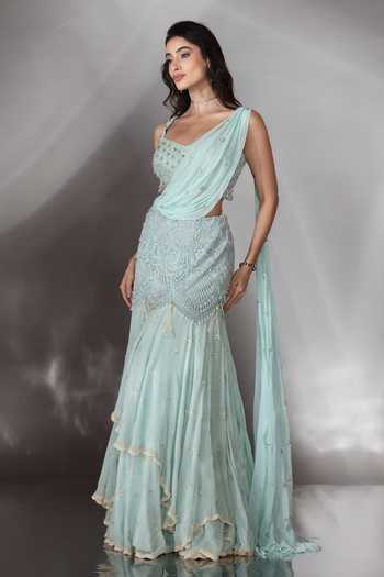 Saaj By Ankita_Sky Blue Georgette Sweetheart Neck Embroidered Lehenga Saree With Blouse _at_Aza_Fashions