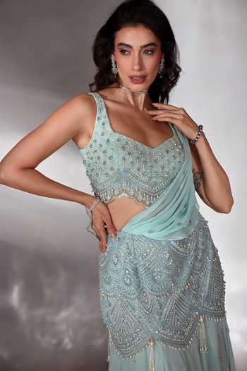 Buy_Saaj By Ankita_Sky Blue Georgette Sweetheart Neck Embroidered Lehenga Saree With Blouse 