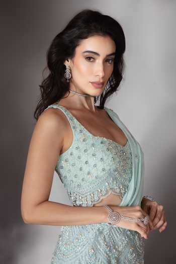 Shop_Saaj By Ankita_Sky Blue Georgette Sweetheart Neck Embroidered Lehenga Saree With Blouse 